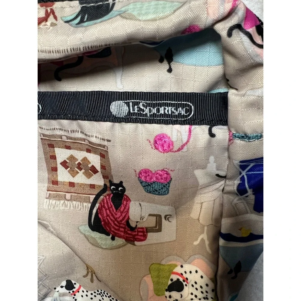 LeSportsac Womens Crossbody Bag Cat Dog Novelty Print Small Tan Nylon Messenger